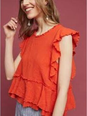 Maeve Cascade Tiered Shell Ruffle 100% cotton Top in Coral Red - Size XS